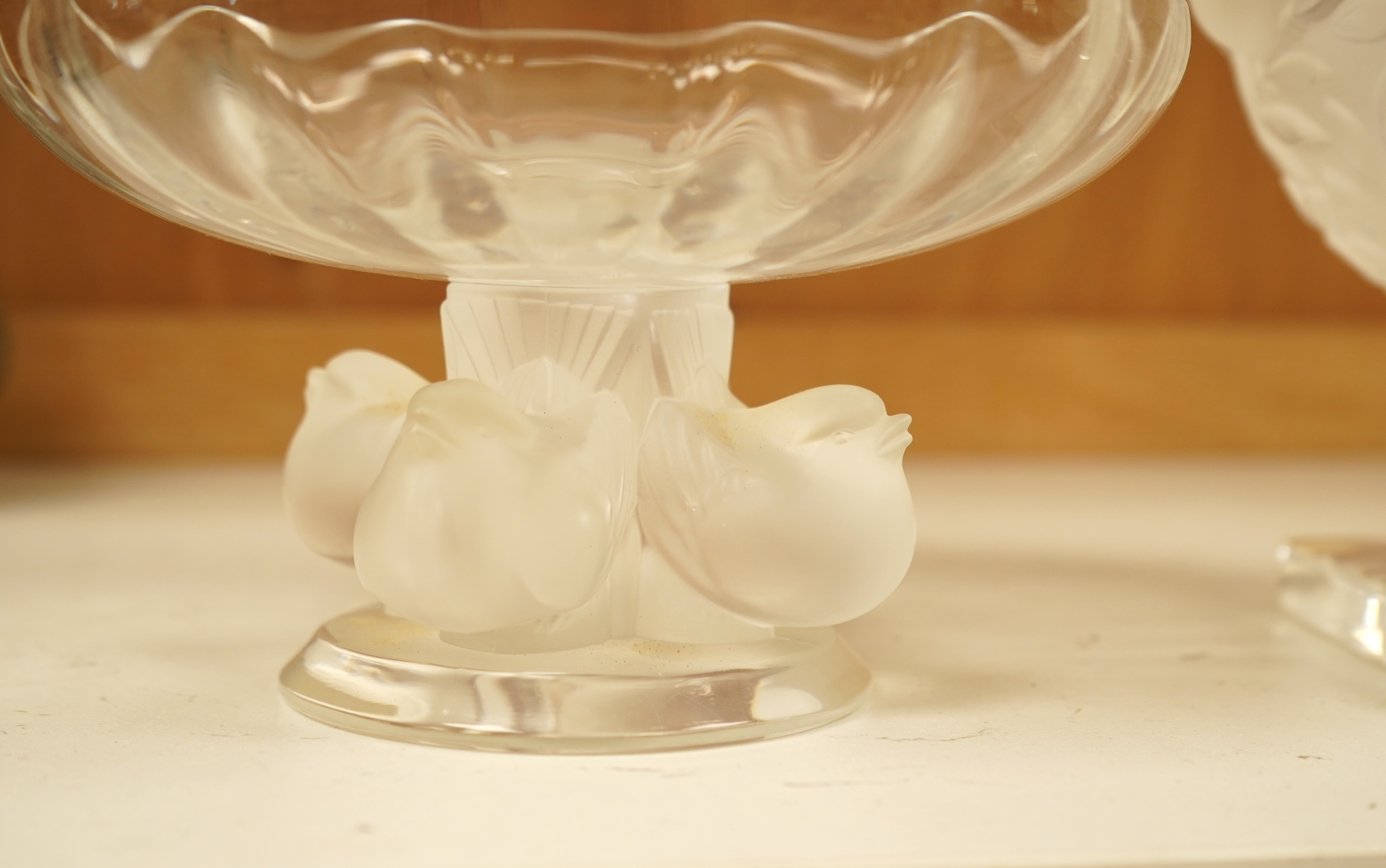 Three lalique glass pieces comprising an 'Elisabeth' vase, a 'Compiegne' dish and a 'Nugent' bowl, each signed, largest 19cm wide